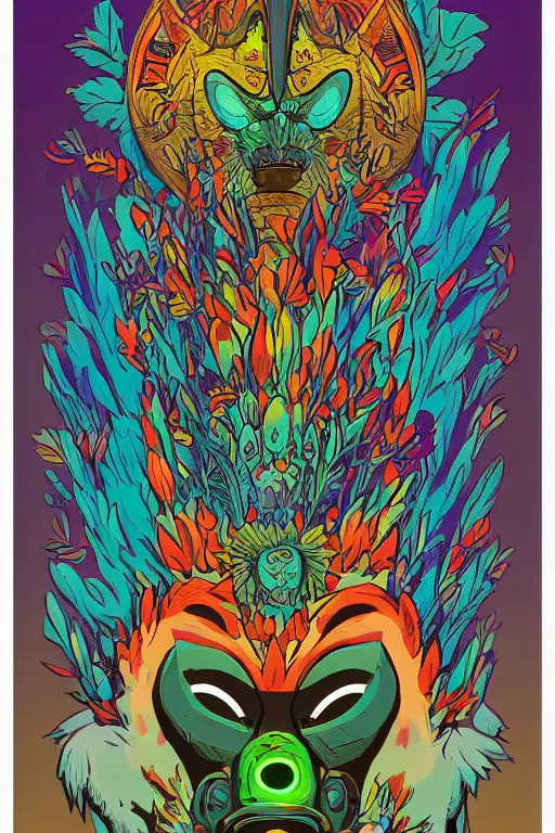 Image similar to animal mask totem roots flower tribal feather gemstone plant wood rock shaman vodoo video game vector cutout illustration vivid multicolor borderlands comics by josan gonzales and dan mumford radiating a glowing aura