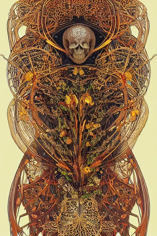 Image similar to intricate atomical skeleton of a crow, crow skull, background consists of interwoven varities of superhot chili peppers, bhut jolokia, carolina reaper, trinidad scorpion, voronoi, fibonacci sequence, leaves, by Moebius, Alphonse Mucha, peter mohrbacher, hiroshi yoshida, Art Nouveau, cgsociety, concept art, tweed colour scheme, psychedelic, complementary colour scheme, 3d