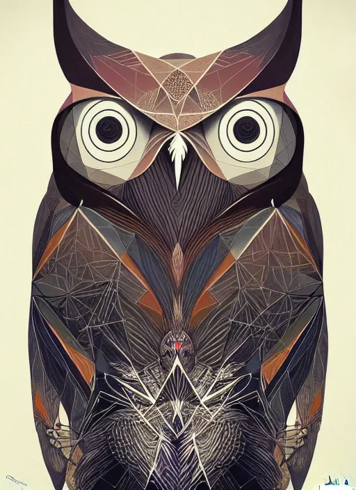 Image similar to portrait of a geometric owl, identical eyes, medium shot, illustration, full body made of white feathers, symmetrical, art stand, super detailed, cinematic lighting, and its detailed and intricate, gorgeous, by peter mohrbacher