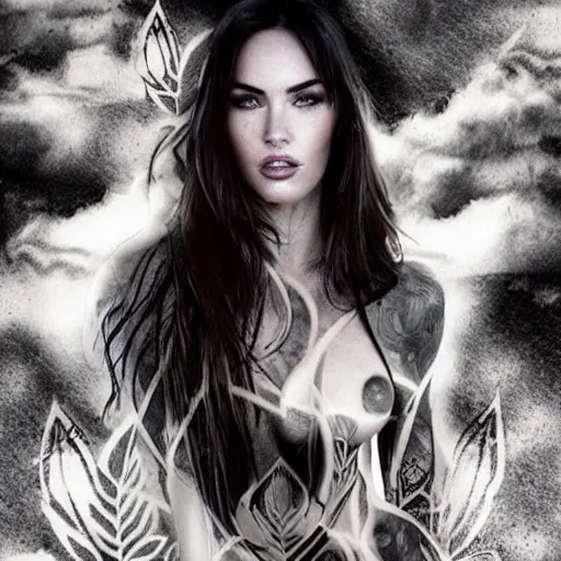 Prompt: tattoo design sketch with double exposure effect, megan fox face faded with beautiful mountain scenery, in the style of matteo pasqualin, amazing detail