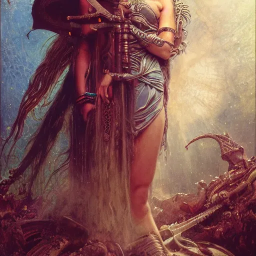 Prompt: octane render, artstation, 8 k, intricate detail, hyper detail, portrait by h. r. giger, gaston bussiere, bayard wu, greg rutkowski, greg rutkowski, sandro botticelli, tan lady of elche egyptian sumerian techno mystic goddess princess intergalactica inanna with aqua neon rapunzel dreadlocks,