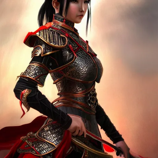 Prompt: portrait black hair young knights of Dynasty Warriors girl, metallic red armor, in ruin fire great wall sunset, ssci-fi and fantasy, intricate and very beautiful and elegant, highly detailed, digital painting, soft light, artstation, concept art, smooth and sharp focus, illustration, art by tian zi and WLOP and alphonse mucha