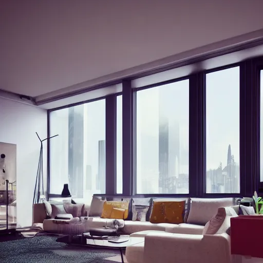 Image similar to high resolution concept art of an apartment living room overlooking a large futuristic city with floor to ceiling windows and mid century modern furniture and a sad clown sitting on the couch cinematic lighting cgsociety