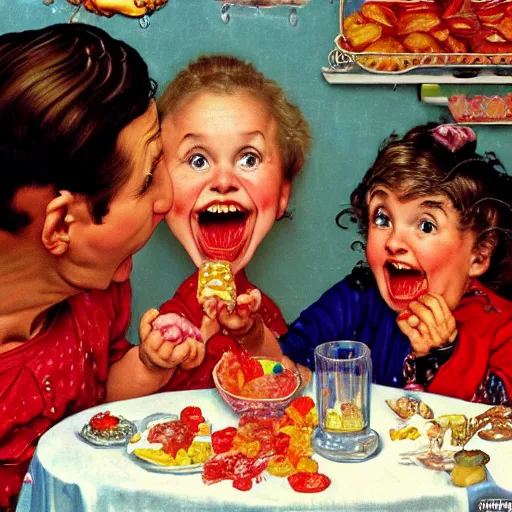 Prompt: hyper realistic hight detailed grandmother with a big mouth eating babies and gummi bears on the table in the russian kitchen, by norman rockwell, bright colors, 4 k, 1 6 k, 3 2 k, photorealistic, cartoon style