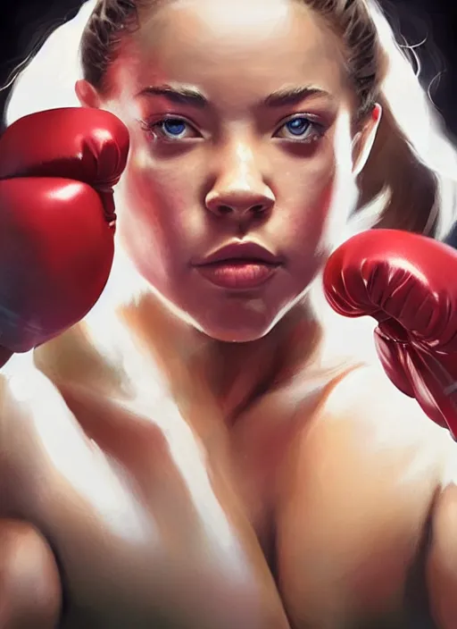 Prompt: epic close - up portrait of sydney sweeney as bodybuilder just after winning boxing match, stanley artgerm, wojtek fus