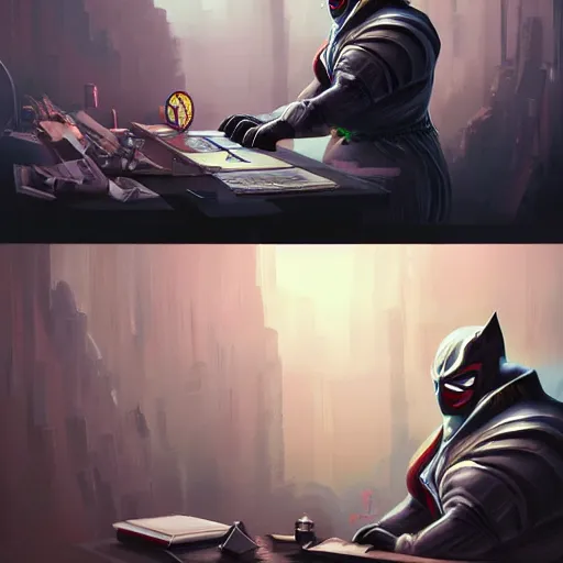 Image similar to a insanely detailed painting of a fat masked superhero wearing a costume sitting at a desk, staring at the nervously at the computer typing, in the style of peter mohrbacher, dramatic lighting and composition, trending on artstation, concept art, comic book