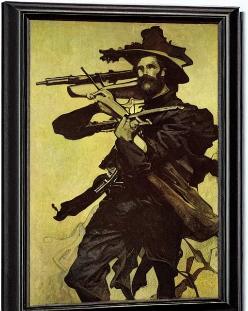 Image similar to portrait of John Brown holding a rifle and a black flag, by Alphonse Mucha