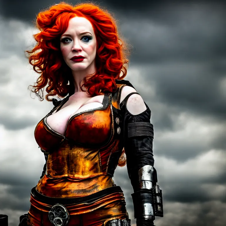 Image similar to full length photo of christina hendricks as atompunk warrior, 8 k, hdr, smooth, sharp focus, high resolution, award - winning photo