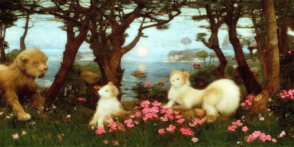 Image similar to 3 d precious moments plush animal, realistic fur, moonrise by the sea, master painter and art style of john william waterhouse and caspar david friedrich and philipp otto runge