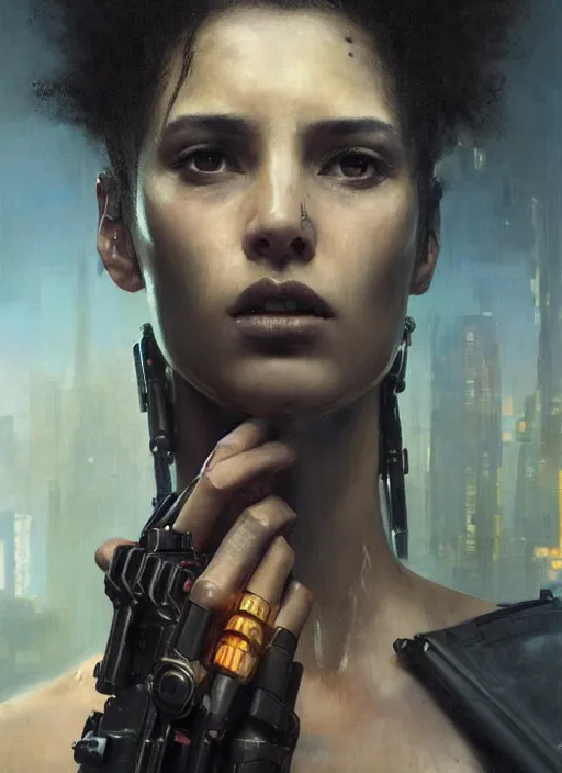 Image similar to Cyberpunk female version of the punisher (blade runner 2049, cyberpunk 2077). Beautiful face and afro. Orientalist portrait by john william waterhouse and James Gurney and Theodore Ralli and Nasreddine Dinet, oil on canvas. Cinematic, hyper realism, realistic proportions, dramatic lighting, high detail 4k