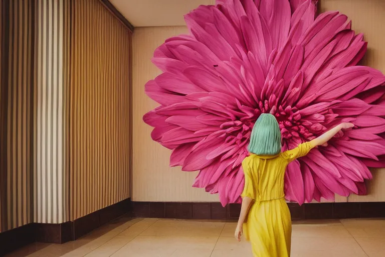Prompt: giant flower head, girl walking in 1 9 6 0 hotel, surreal, symmetry, flat space, fanciful, hue, detailed, wes anderson