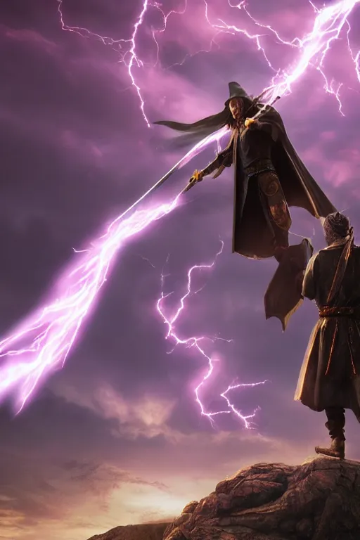 Prompt: hyper realistic wizard holding a sword that’s pointed towards the sky, getting shocked by purple lightning, standing on a mountaintop, octane, trending on artstation, hyper realistic, highly detailed, unreal engine, amazing depth of field, 8k