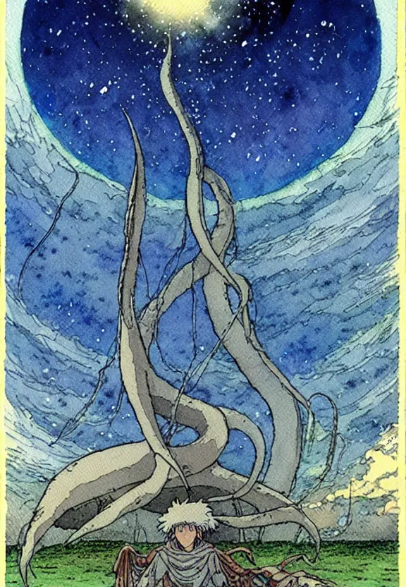 Image similar to a simple watercolor studio ghibli movie still fantasy concept art of a giant squid from princess mononoke ( 1 9 9 7 ) in stonehenge. it is a misty starry night. by rebecca guay, michael kaluta, charles vess