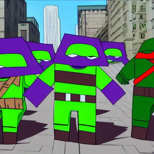 Image similar to teenage mutant ninja turtles as minecraft characters fighting shredder in the streets of new york