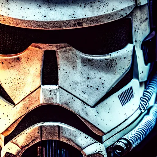 Image similar to close - up cyberpunk stormtrooper, battle scars, moody lighting, 8 k, shallow depth of field, cinematic lighting,