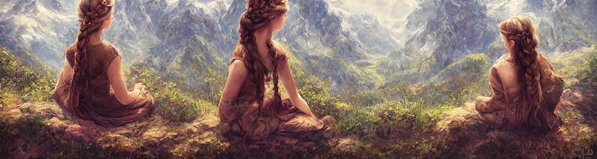 Prompt: a beautiful girl sits in the mountains and braid her hair - fantasy art