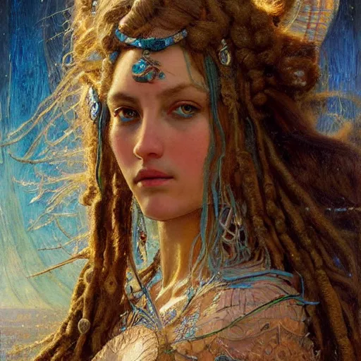 Image similar to intricate detail, hyper detail, by gaston bussiere, greg rutkowski, sandro botticelli, lady of elche, techno mystic princess intergalactica, inanna, ashteroth, with aqua rapunzel dreadlocks, detailed, masterpiece, sharp focus,