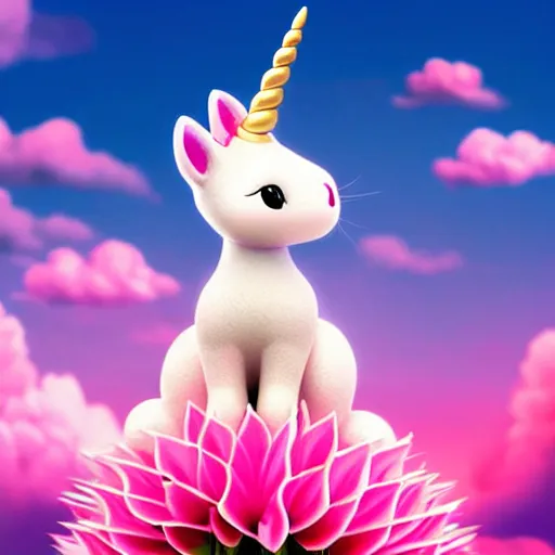 Image similar to very cute and tiny unicorn cat on Dahlia flower flying atop pink clouds, sky background, pixar style, cinematic lightning, award winning creature photography