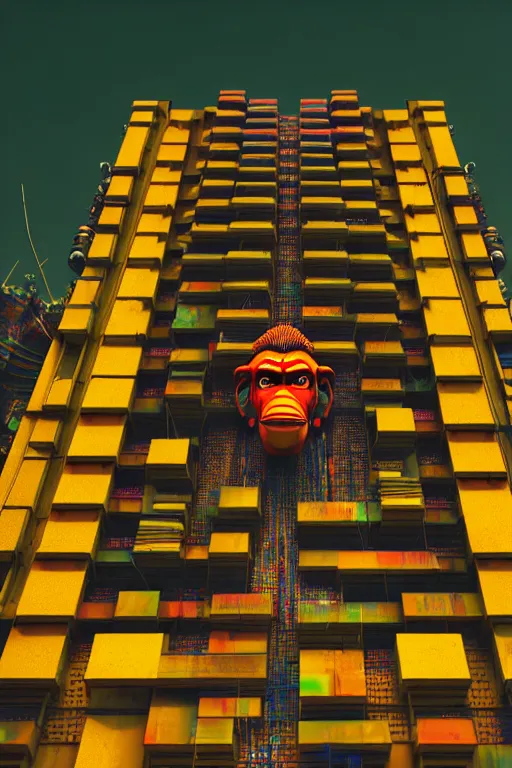 Image similar to high quality 3 d render colorful cyberpunk brutalist hanuman head building, neon yellow madhubani, highly detailed, in sci - fi mumbai, unreal engine cinematic smooth, liam wong, moody light, low angle, uhd 8 k, sharp focus