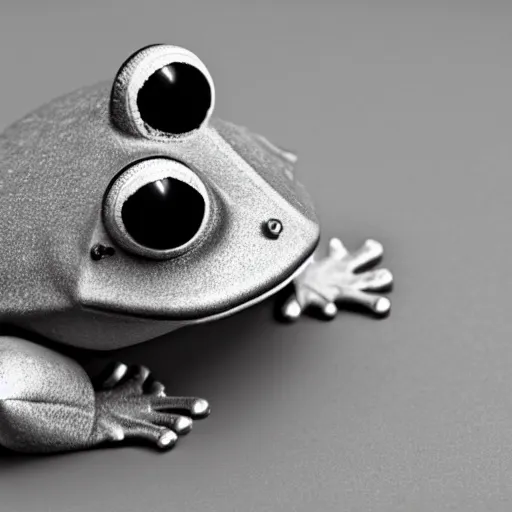 Prompt: cyborg frog with a camera lens as a head, clean design, front profile, monochromatic photo