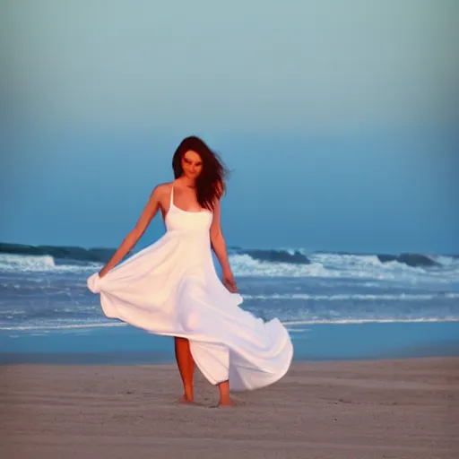 Image similar to a beautiful photograph of a woman in a white dress on the beach at sunset, by krysia lukkason