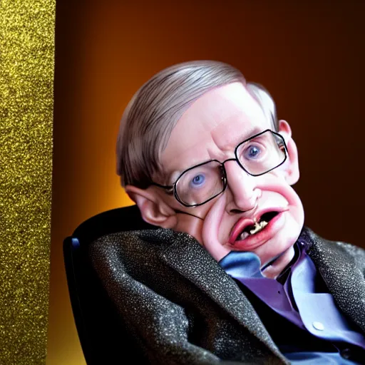 Prompt: Stephen Hawking with silver-violet hair, white eyes and golden glittery dress, wide lens, diorama, 4k,