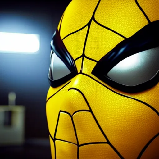 Image similar to still photo of yellow spider - man, highly detailed, photorealistic portrait, bright studio setting, studio lighting, crisp quality and light reflections, unreal engine 5 quality render