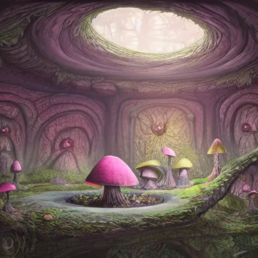 Image similar to concept art painting of a interior of a circular alien fairytale fantasy fungus house made of mushrooms, realistic, detailed, cel shaded, magenta and gray, dark, in the style of makoto shinkai and greg rutkowski and james gurney
