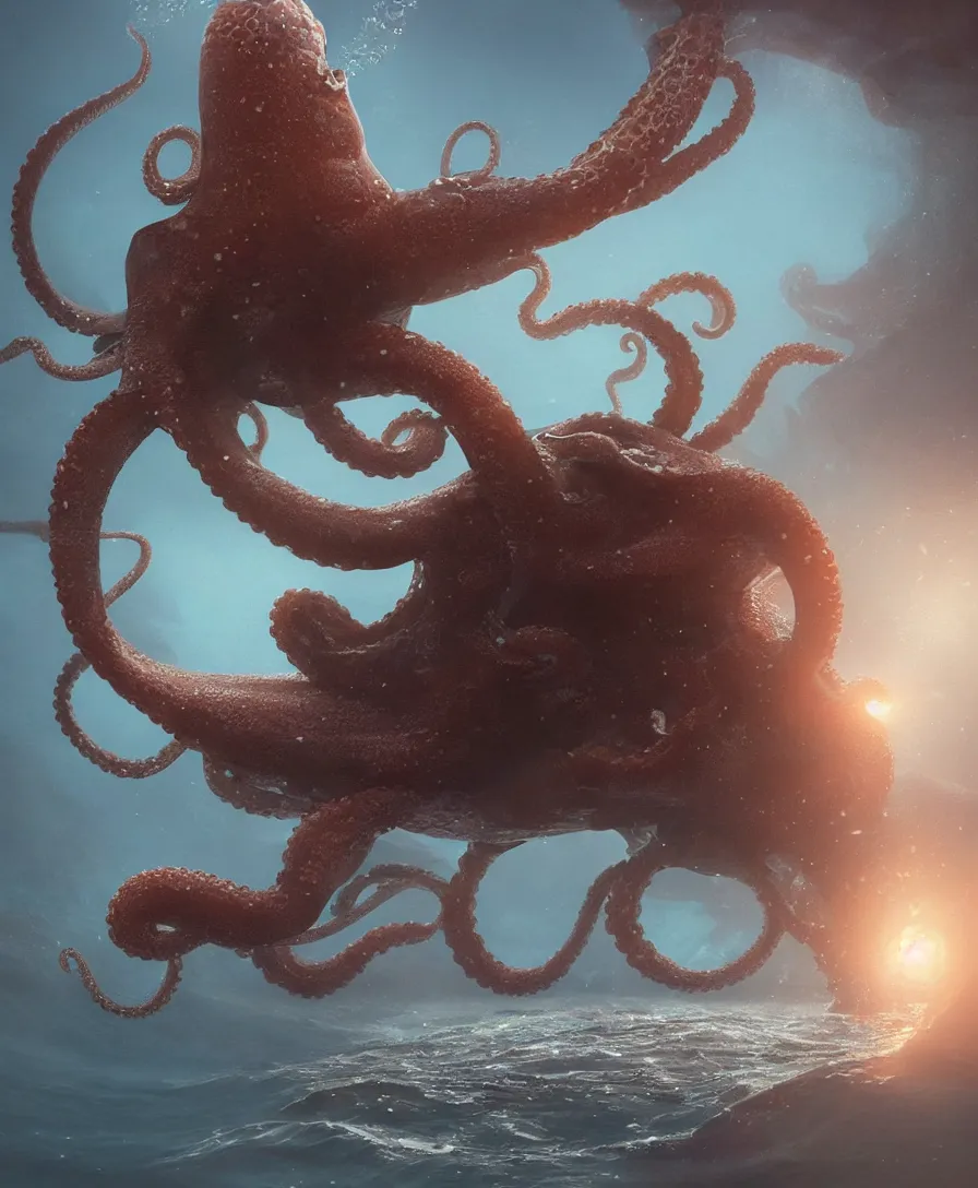 Image similar to hyper realistic giant octopus holding a small submarine underwater, illustrated by greg rutkowski, beautiful volumetric lighting, intricate, ultra detailed, photorealistic, trending on artstation, octane render, 8 k