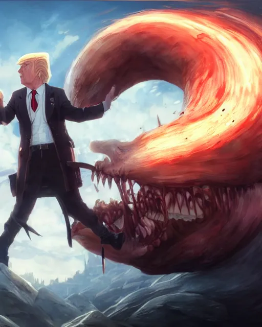 Prompt: donald trump in attack on titan, medium shot close up, details, sharp focus, illustration, by jordan grimmer and greg rutkowski, trending artstation, pixiv, digital art