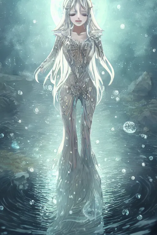 Prompt: a moon wizard dressed in intricate silver clothing surrounded by water particles above a serene pond, fantasy, wlop, trending on artstation, deviantart, anime key visual, official media, professional art, 8 k uhd