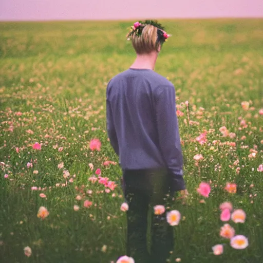 Image similar to kodak portra 4 0 0 photograph of a skinny blonde goth guy standing far back in a field of flowers, back view, flower crown, moody lighting, telephoto, 9 0 s vibe, blurry background, vaporwave colors, faded!,