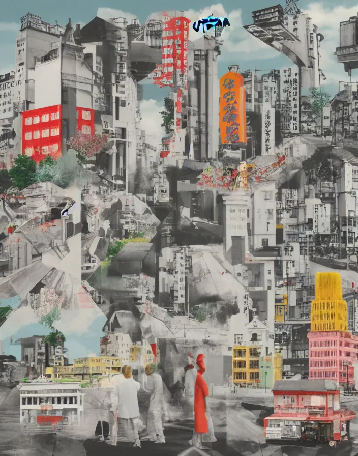 Prompt: fukuoka city landmarks, a collage painting, in the style of wes anderson, lola dupre, david hockney, isolated on negative white space background dark monochrome fluorescent spraypaint accents volumetric octane render, no double figure