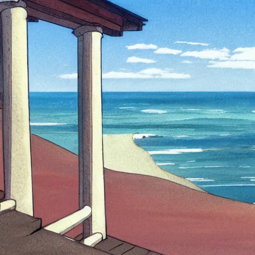 Image similar to Balustrade with a beach on the background, a colab between studio ghibli and paul delaroche