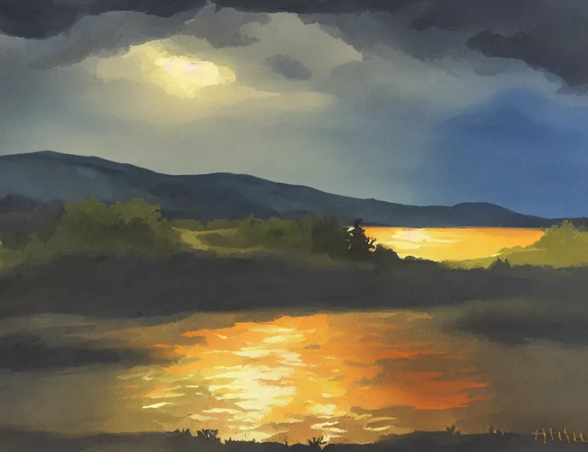 Prompt: stormy summer night in the highlands. gouache, limited palette, concept art, backlighting.