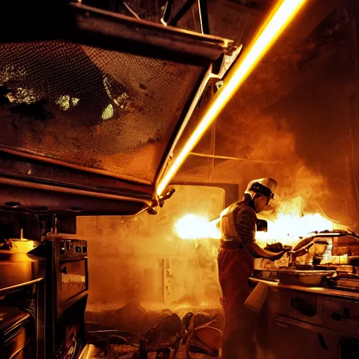 Image similar to cyborg toaster oven repairman, dark messy smoke - filled cluttered workshop, dark, dramatic lighting, orange tint, sparks, plasma rays, cinematic, highly detailed, sci - fi, futuristic, movie still