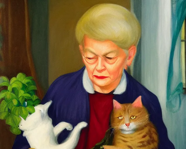 Image similar to detailed portrait of an old lady and her plant cat, Edward Hopper, sharp high quality