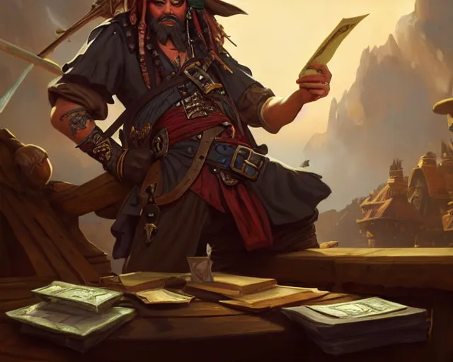 Image similar to a pirate doing his tax return, deep focus, d & d, fantasy, intricate, elegant, highly detailed, digital painting, artstation, concept art, matte, sharp focus, illustration, hearthstone, art by artgerm and greg rutkowski and alphonse mucha