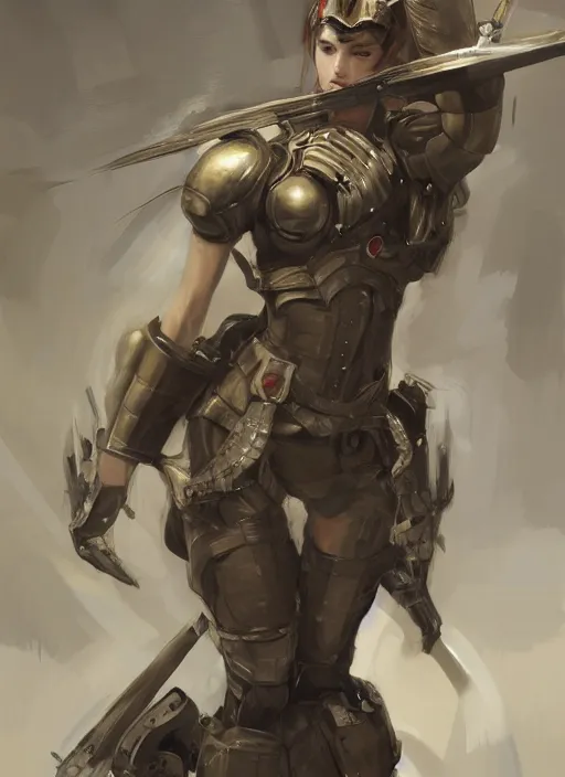 Image similar to a professional painting of a beautiful young female, clothed in military armor, olive skin, long dark hair, beautiful bone structure, symmetrical facial features, intricate, elegant, digital painting, concept art, smooth, sharp focus, illustration, from Metal Gear, by Ruan Jia and Mandy Jurgens and Artgerm and William-Adolphe Bouguerea