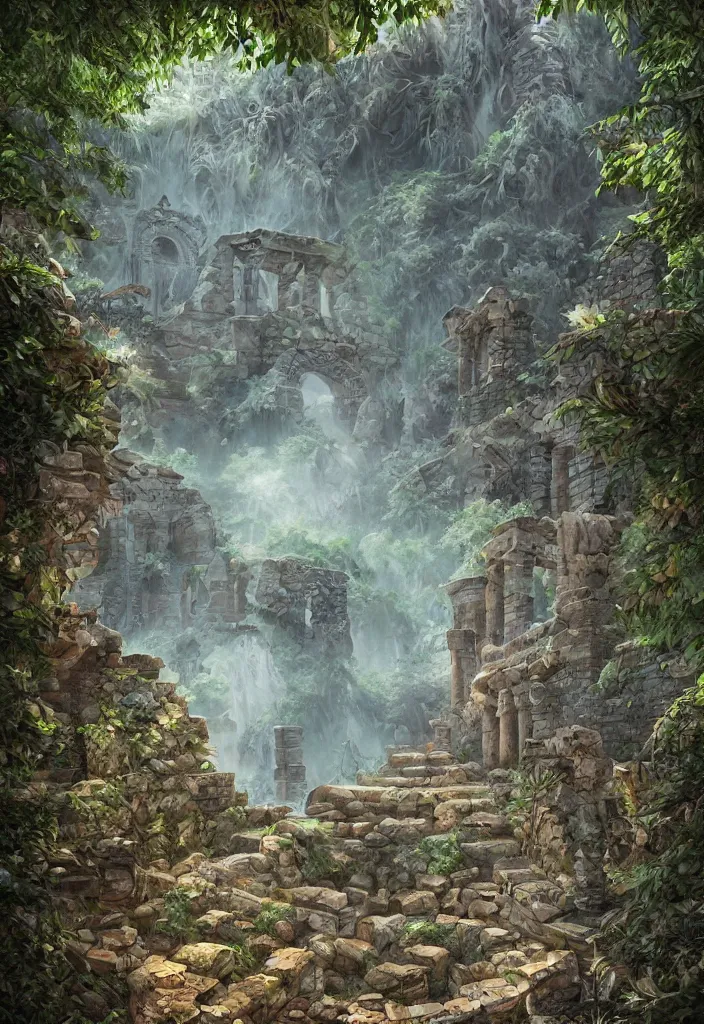 Image similar to comic book cover of ancient ruins made of crystal in a forest ,highly detailed, professional digital painting, Unreal Engine 5, illustration, HD quality, 8k resolution, cinema 4d, cinematic, professional photography, art by artgerm