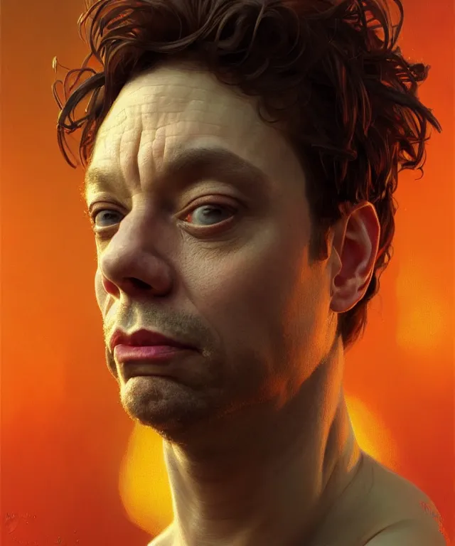 Image similar to portrait of chris kattan strung out on surge, posed, intricate, headshot, highly detailed, digital painting, artstation, concept art, sharp focus, cinematic lighting, illustration, art by artgerm and greg rutkowski, alphonse mucha, cgsociety