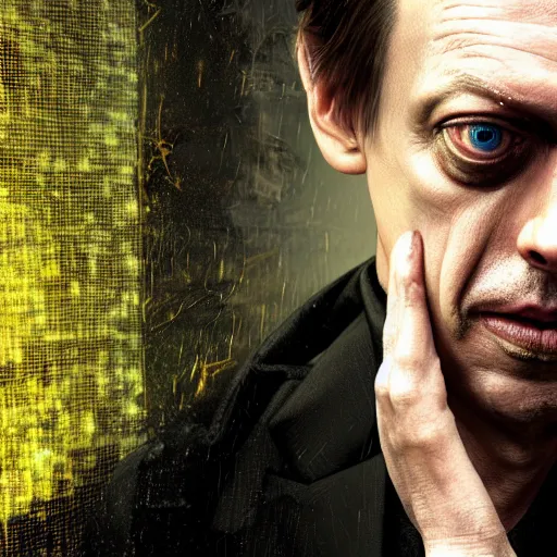 Image similar to hyperrealistic mixed media image of Steve Buscemi as Neo in the Matrix, stunning 3d render inspired art by István Sándorfi and Greg Rutkowski, perfect facial symmetry, realistic, highly detailed attributes and atmosphere, dim volumetric cinematic lighting, 8k octane extremely hyper-detailed render, post-processing, masterpiece,