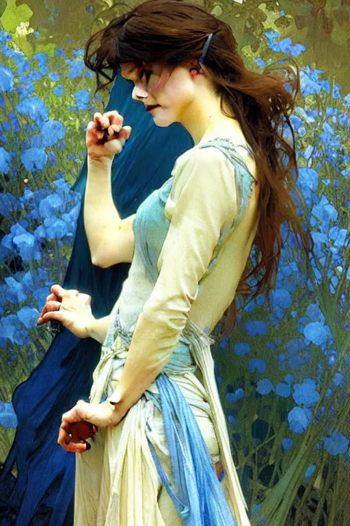 Prompt: A woman wearing blue clothes, fantasy, painting by greg rutkowski and alphonse mucha
