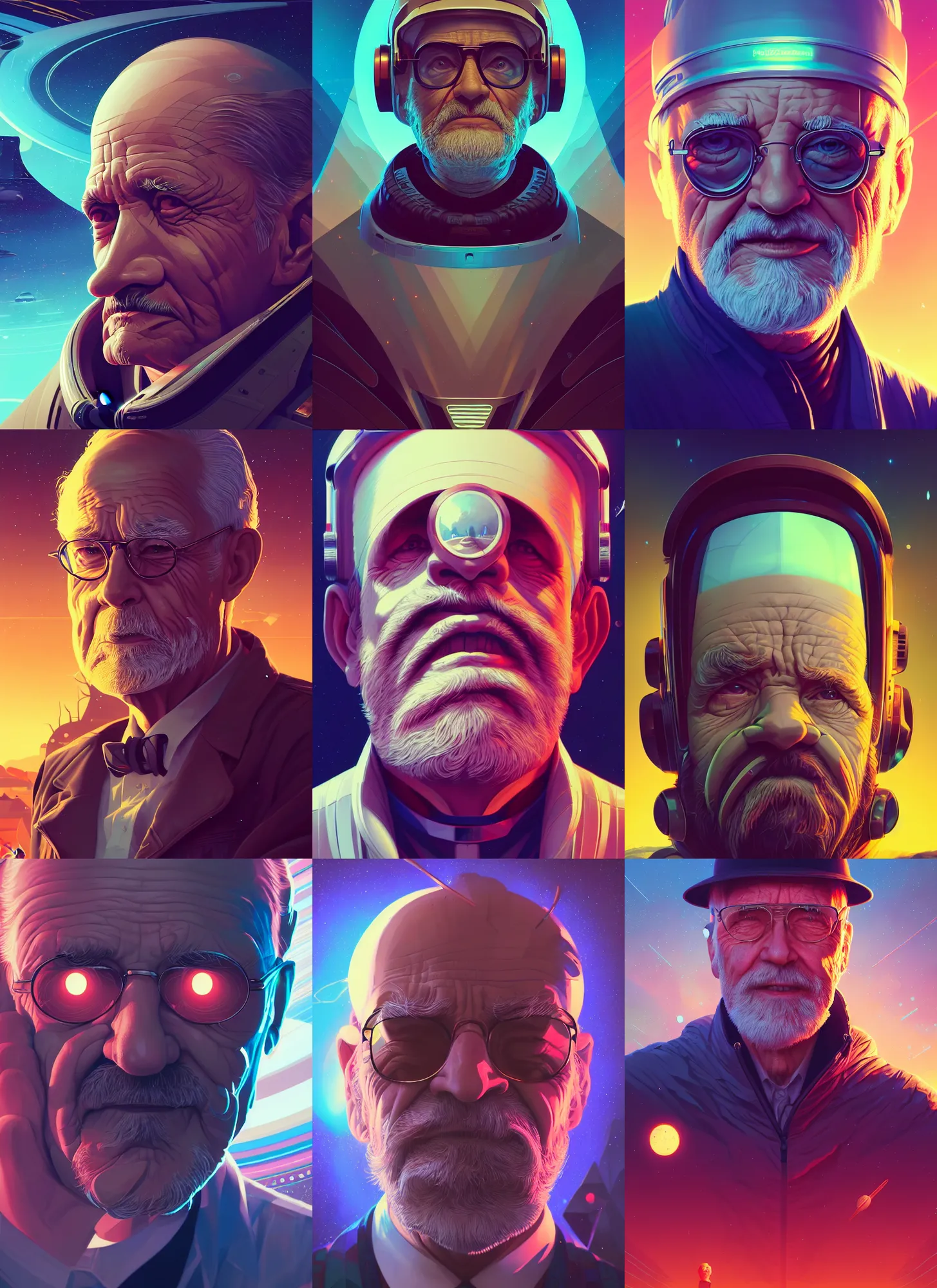 Prompt: retrofuturistic portrait of a old man, space graphics art in background, close up, wlop, dan mumford, artgerm, liam brazier, peter mohrbacher, 8 k, raw, featured in artstation, octane render, cinematic, elegant, intricate, 8 k