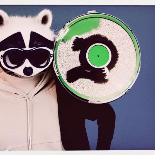 Prompt: medium shot, photo of a girl in a detailed hyperrealistic raccoon mask, wearing a green hoodie, holding a vinyl record, 8 0 - s fashion, polaroid photo, by warhol,