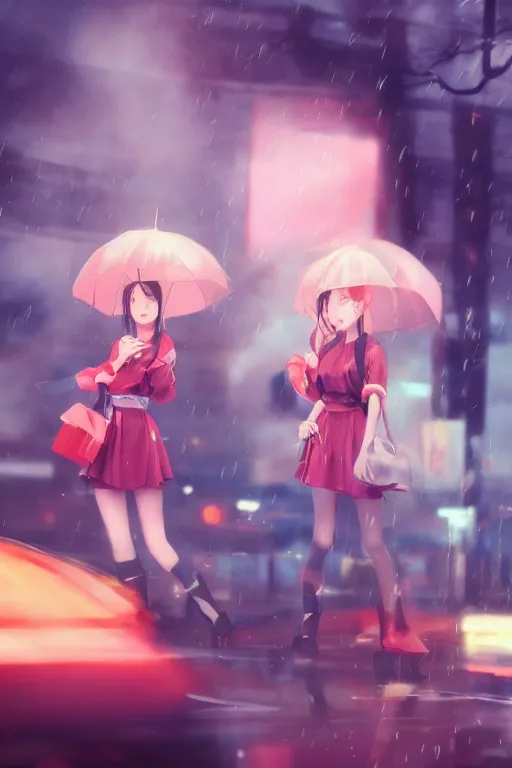 Image similar to art by D. Jun, by Mo Xiang Tong Xiu, 3d Infrared photo UE 4 cute girls in Japanese maid's clothes and smoking inside a JDM car in the rain at sunrise in a parking lot, anime vintage colors, polaroid, foggy, trending on artstation, volumetric light, cinematic render, ultra realistic, oil painting