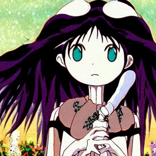 Image similar to an anime film by miyazaki of studio ghibli and tim burton, with scoring by danny elfman in the spirit of christmas, of a pastel goth vampire squid woman learning how to live in an empty cottage by herself on dry land, old vintage vhs, scan lines, grainy quality, real anime