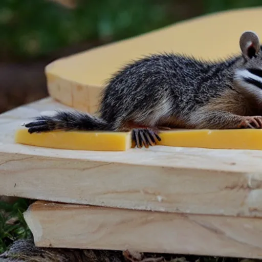 Prompt: a raccon sleeping on a cheese bed