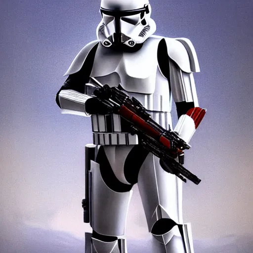 Image similar to a long shot of an imperial stormtrooper in battle position ready to shoot his blaster concept art by Doug Chiang cinematic, realistic painting, high definition, very detailed, extremely high detail, photo realistic, concept art, the Mandalorian concept art style