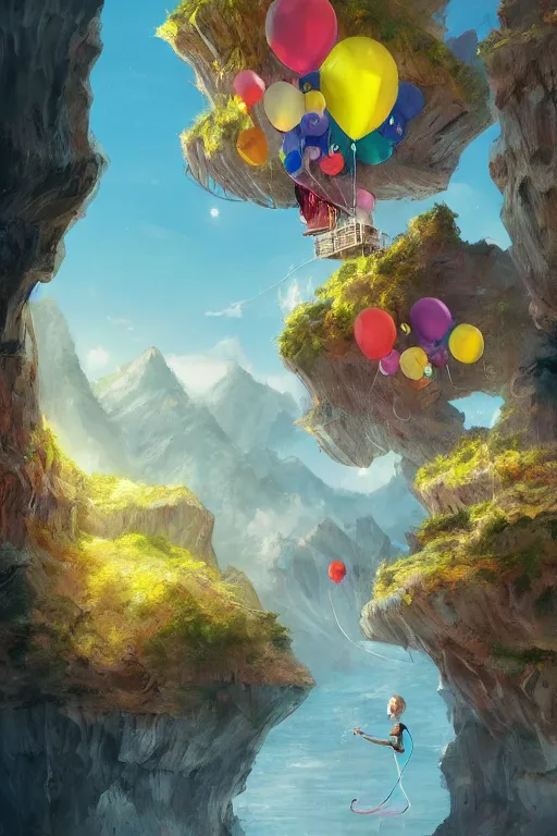 Image similar to a house floating with balloons, near the mountains and below is a deep canyon, dream core art, dynamic lighting, fantasy concept art, trending on art station, stunning visuals, creative, cinematic, ultra detailed